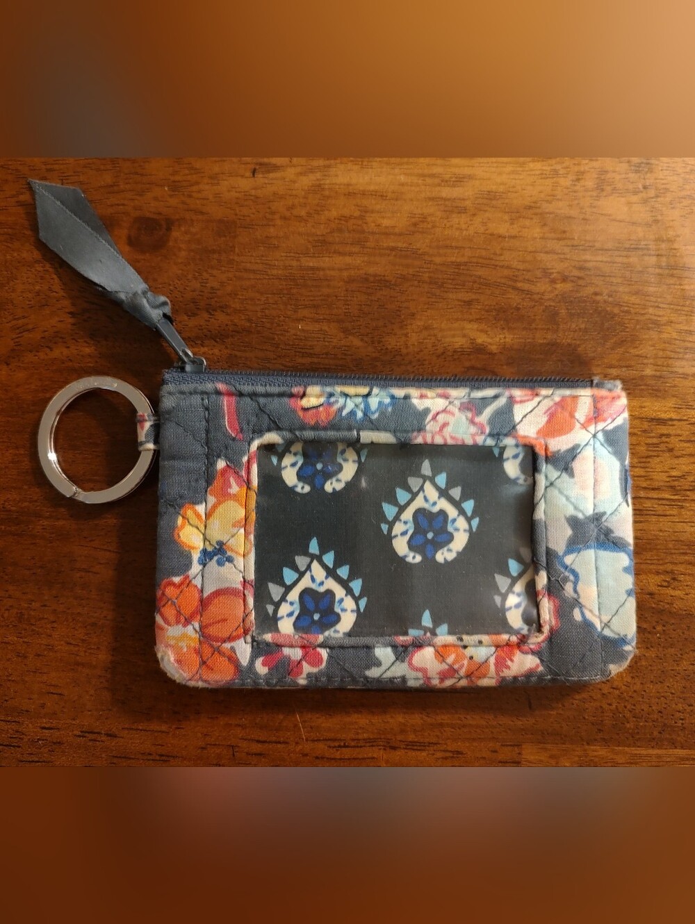 Vera Bradley Floral Quilted Card Wallet Keychain - Navy, Coral, Cream